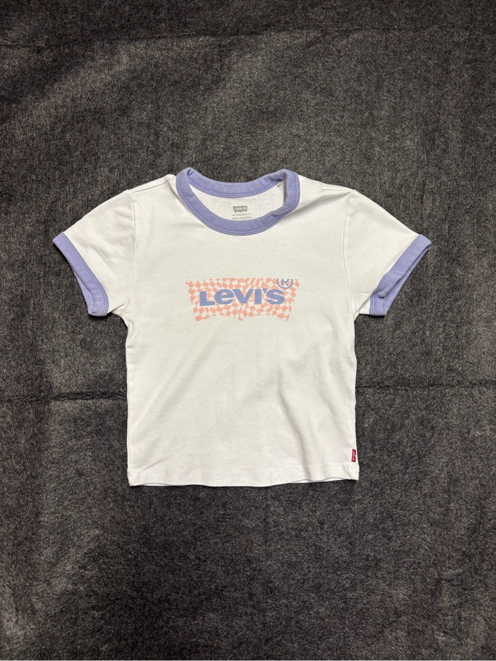 Levi's White Tee with Lavender Trim and Pastel Pink Logo